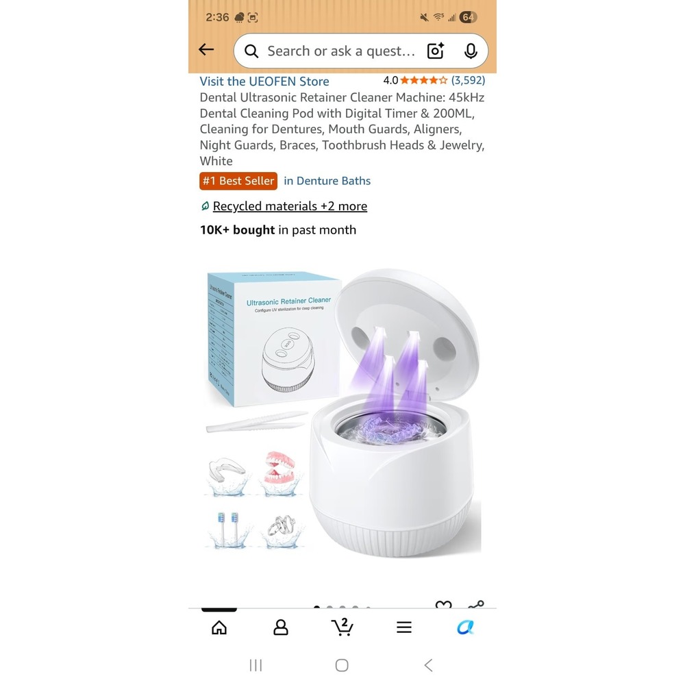 Dental Ultrasonic Retainer Cleaner Machine -UV Cleaning 45000Hz Sound Waves 360